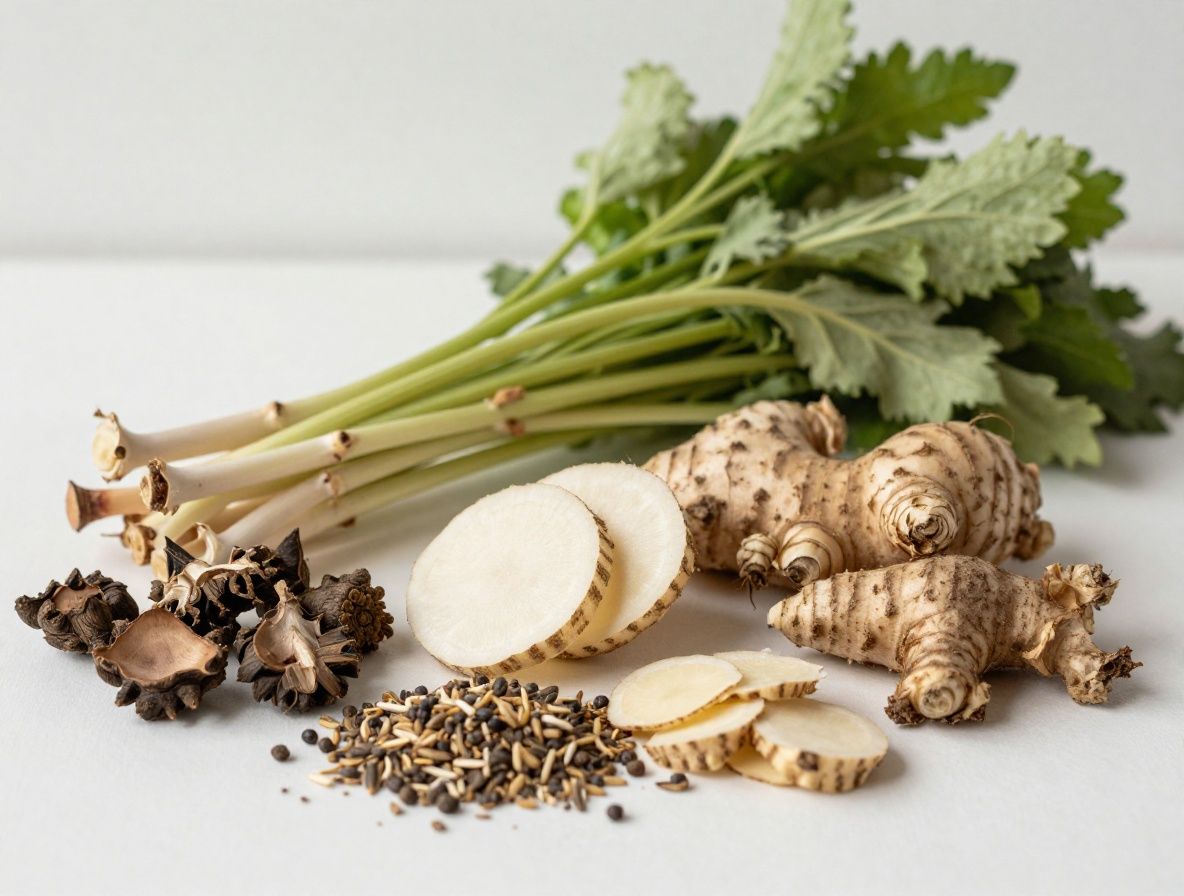 Makrofotografia naturalnych suplementów: suszone zioła, nasiona i korzenie roślin leczniczych ułożone na ciemnej drewnianej powierzchni z miękkim kierunkowym światłem