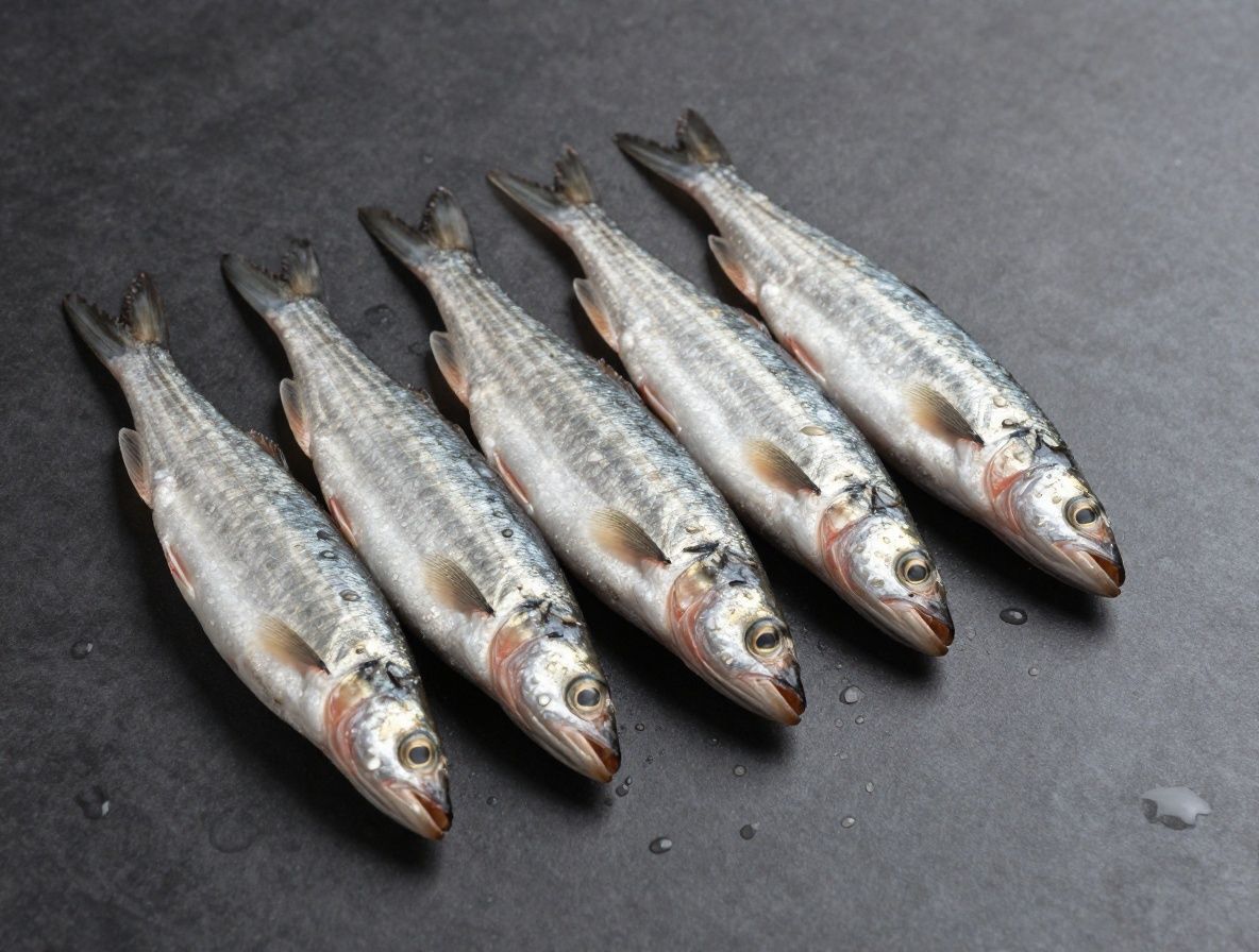 Świeże sardynki i inne tłuste ryby na łupkowej tablicy z kroplami wody, widoczna połyskująca, żywa skóra ryb i ciepłe tonowanie w stylu dokumentalnej fotografii kulinarnej