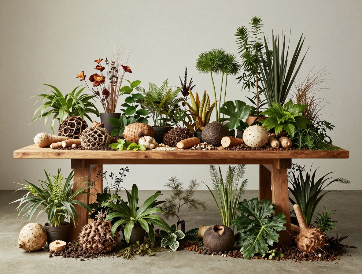 Panoramiczne ujęcie kolekcji naturalnych surowców roślinnych: korzenie, liście, kwiaty i nasiona ułożone na dużym ciemnym stole z dramatycznym oświetleniem studyjnym eksponującym textury i naturalne barwy botaniczne